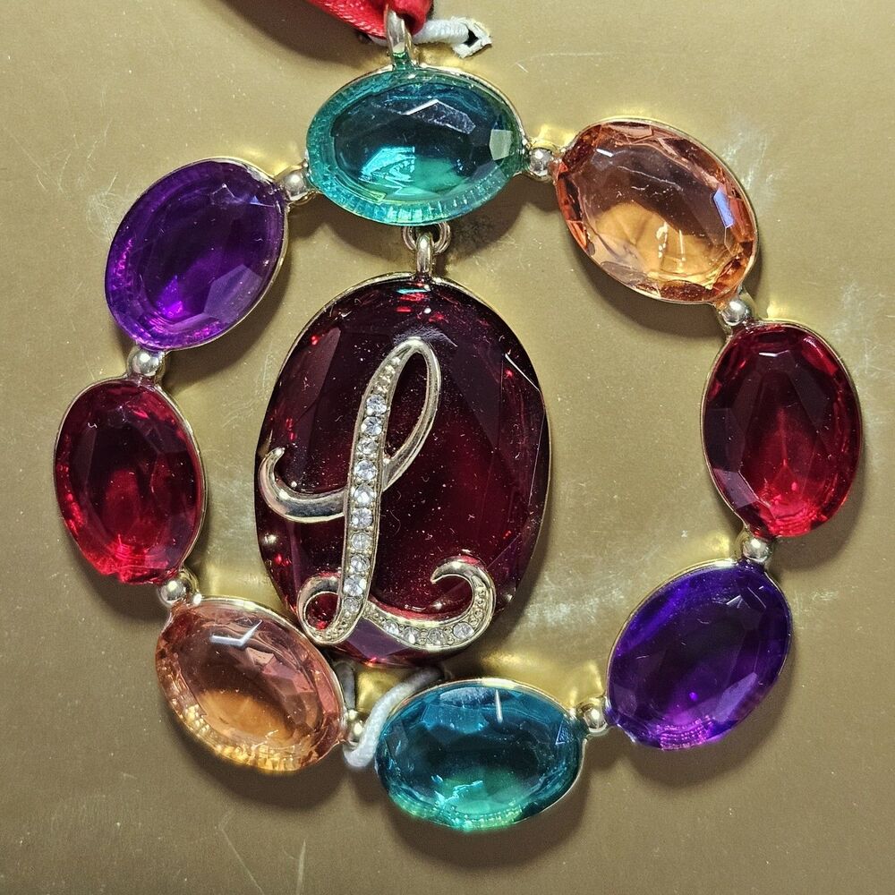 Crown Trifari Initial “L” Christmas Tree Ornament In Box Gold Tone Colorful